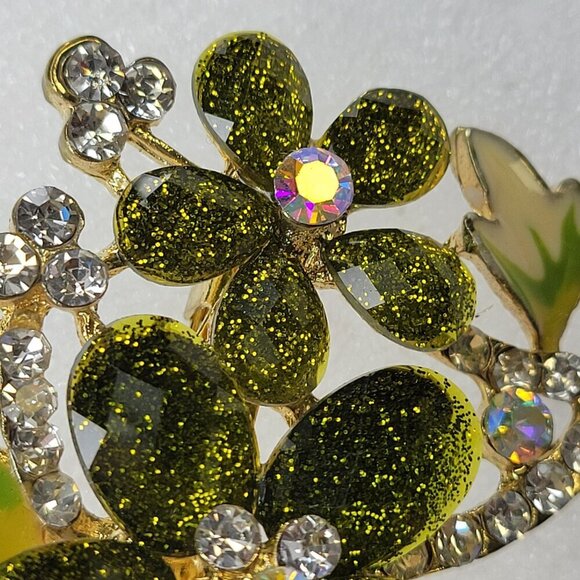 Lime Green Rhinestones Flower brooch - Picture 6 of 9